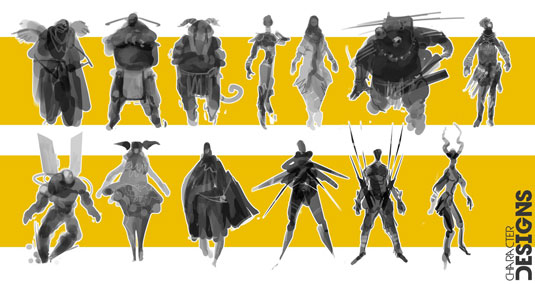 Some early stage thumbnail designs for game characters created in Photoshop