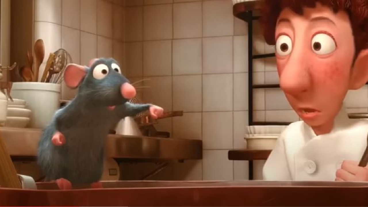 Remy getting caught fixing the soup in Ratatouille.