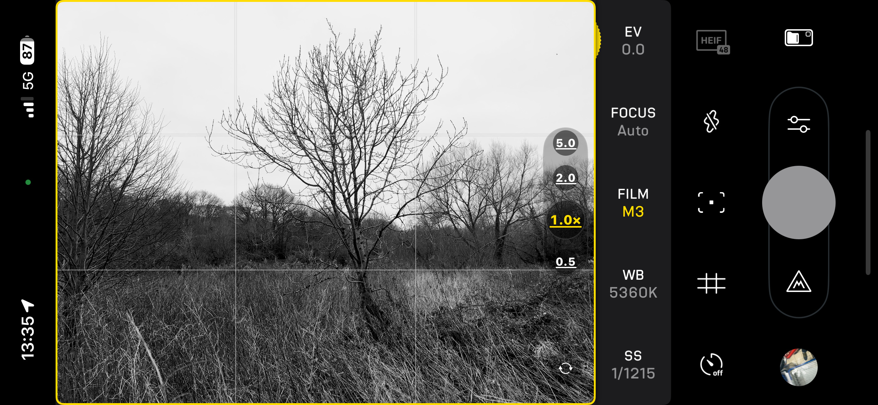 The Fjorden camera app interface, with monochrome photo of a tree being composed