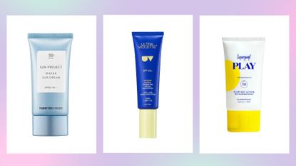 Collage of three of the best sunscreens for combination skin featured in this guide from Thank You Farmer, Ultra Violette, and Supergoop!