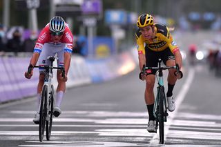 OUDENAARDE BELGIUM OCTOBER 18 Sprint Arrival Mathieu Van Der Poel of The Netherlands and Team AlpecinFenix Wout Van Aert of Belgium and Team Team Jumbo Visma during the 104th Tour of Flanders 2020 Ronde van Vlaanderen Men Elite a 2433km race from Antwerpen to Oudenaarde RVV20 FlandersClassic on October 18 2020 in Oudenaarde Belgium Photo by Luc ClaessenGetty Images