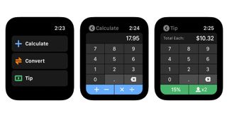 Tre skjermbilder av Calcbot 2 på Apple Watch