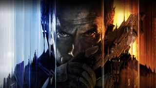 A soldier holds a futuristic pistol, with blue and orange glitchy effects obscuring him