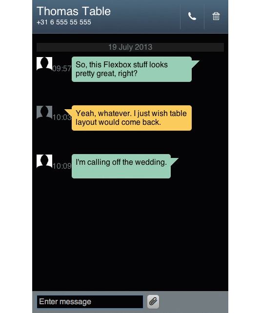 flex: 1 on the messages section fills the screen vertically; align-items and an auto margin place the icons