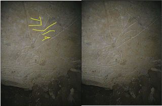 Close-up of the Jonah "stick figure" image in an original photo from the exploration (left), and with the engravings in question highlighted (right). .