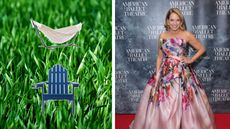 Katie Couric at an event in a pink floral dress next to a picture of grass and a hammock and blue Adirondack chair