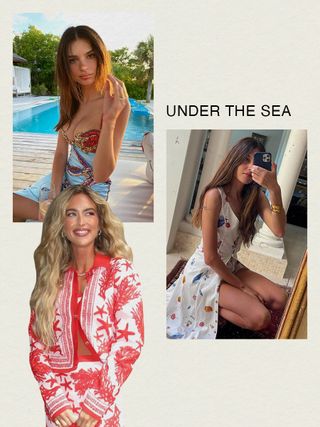 Emrata wearing an ocean-inspired mini dress; Emili Sindlev wearing a starfish-print jacket and skirt; Sara Loura wearing a ocean-inspired maxi dress