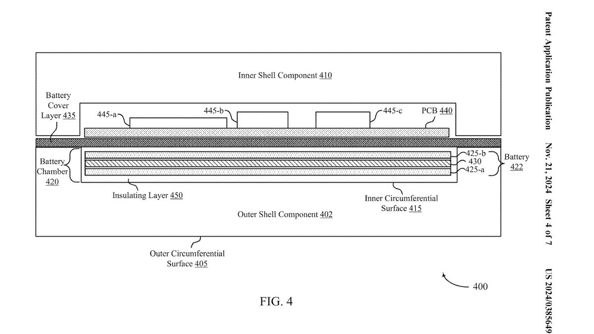 An Oura patent figure showing a battery layer squeezed in-between the outer cover and inner components of an Oura Ring.