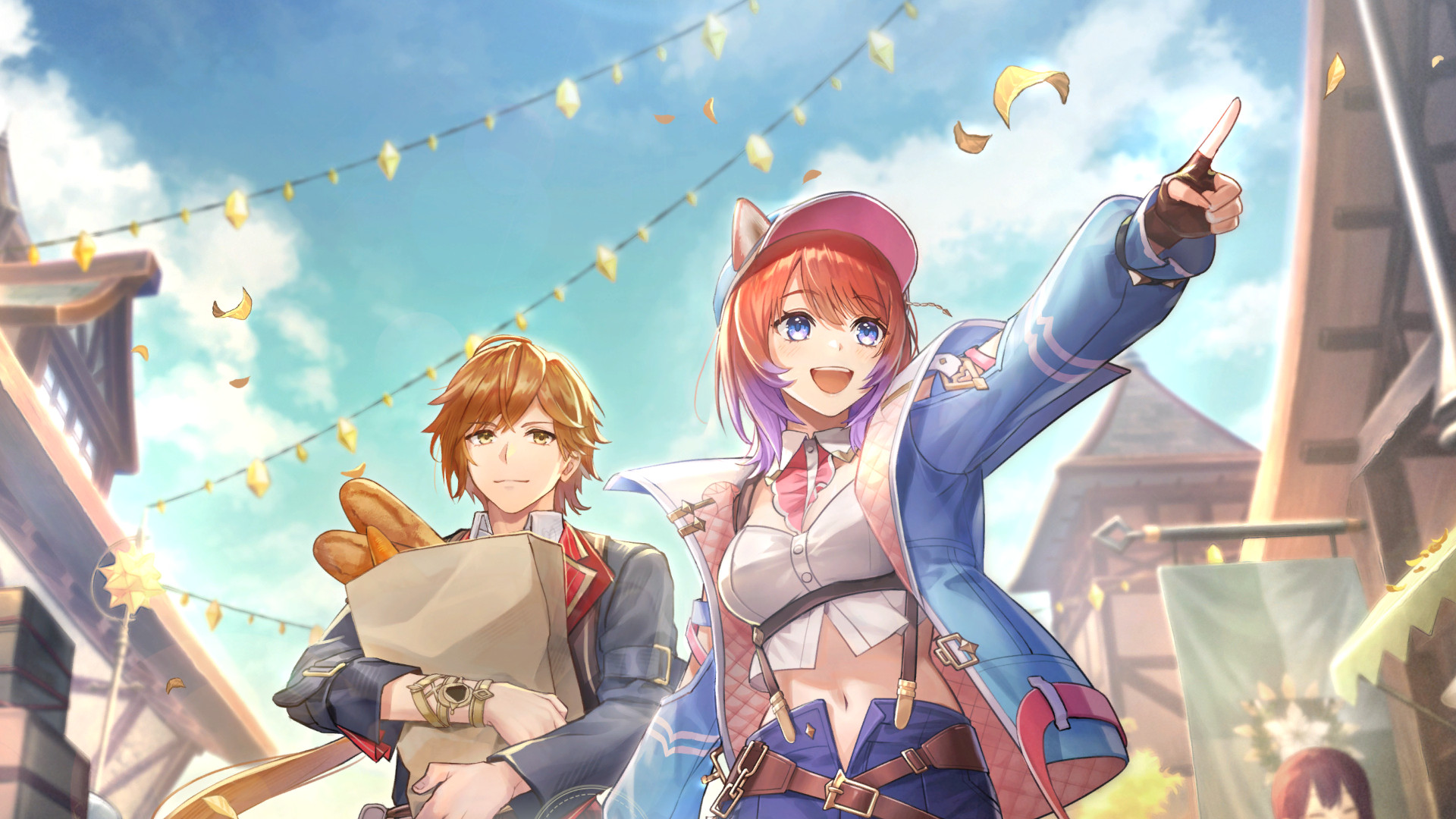 Artwork showing Rias leading the way at a harvest festival while Slade follows behind with a bag of bread in Atelier Resleriana: The Red Alchemist &amp; The White Guardian