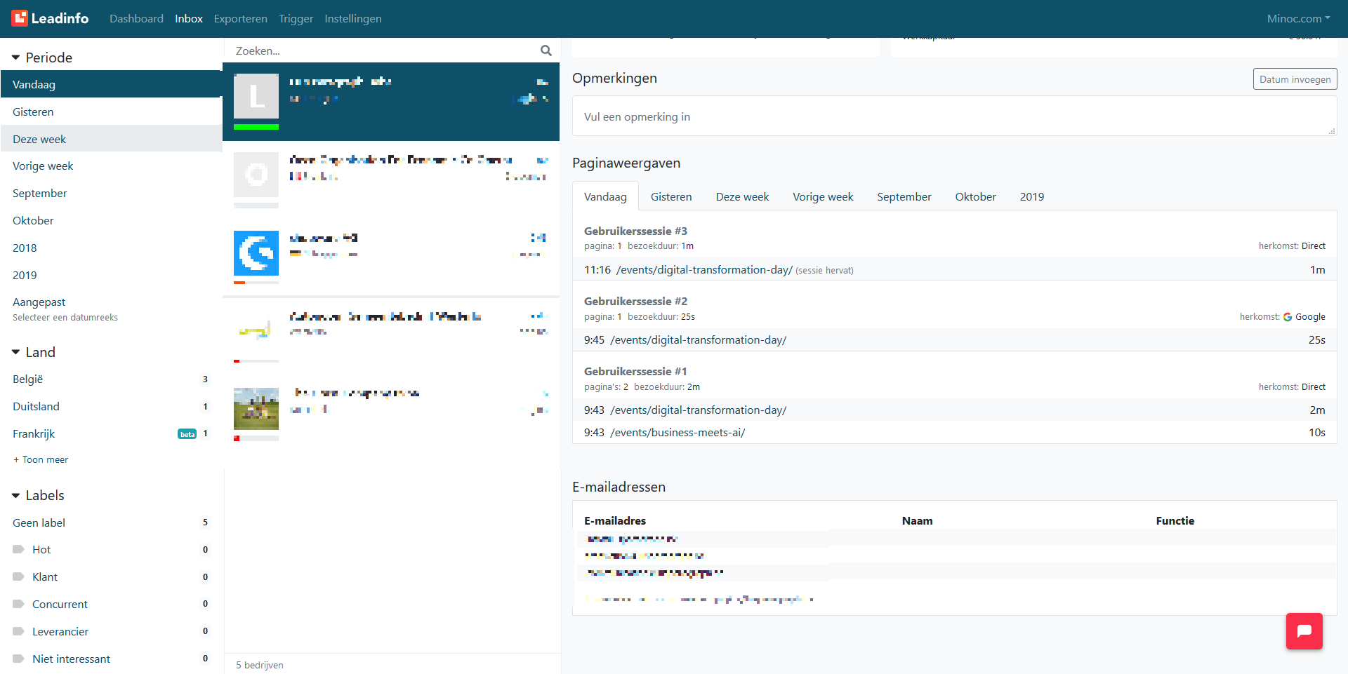 In het menu ‘Inbox’ kan je zien welke pagina’s de interesse van je leads wekken. Contactgegevens worden automatisch meegegeven.