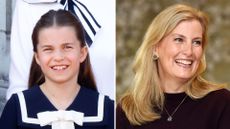 Composite of a picture of Princess Charlotte smiling on the balcony of Buckingham Palace after attending Trooping the Colour 2024, and a picture of Duchess Sophie smiling during her visit at 'The Half Moon' public house on July 08, 2020 