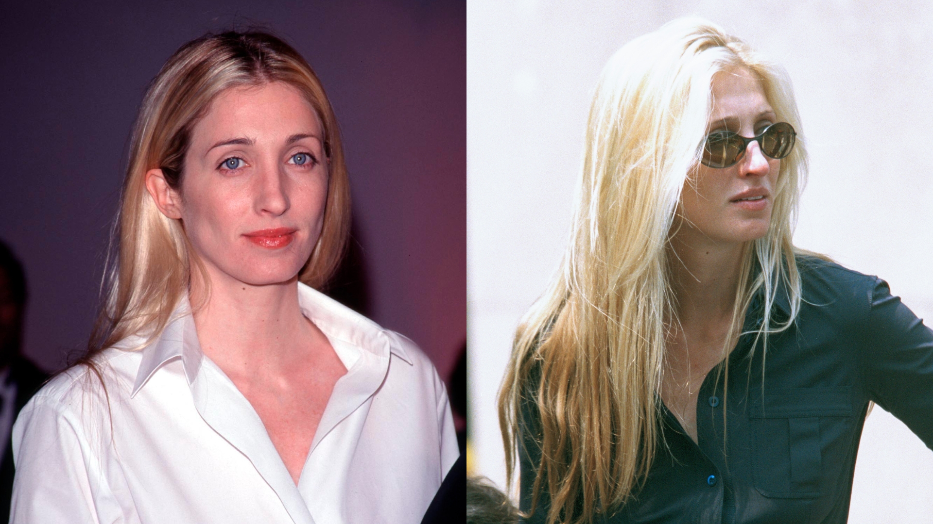On the left, image of Carolyn Bessette-Kennedy with straight blonde hair tucked behind her ears and wearing a white shirt, on the right, an image of Carolyn Bessette-Kennedy with straight blonde hair, wearing sunglasses and wearing a black shirt