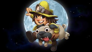 The protagonist of Spelunky 2 carries a dog under her arm while leaping through the air, the moon hangs in the background.