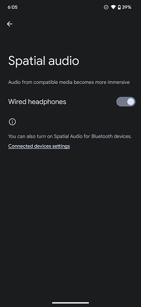Spatial Audio settings for wired headphones on a Pixel 6 Pro.