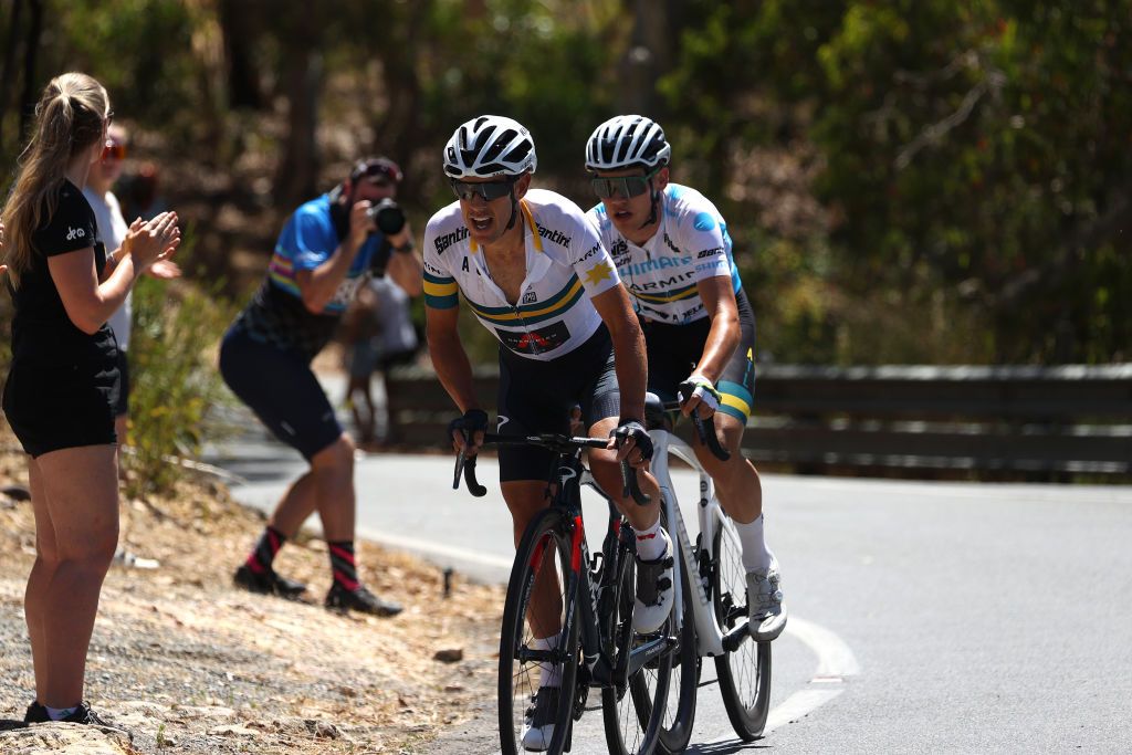 Richie Porte (Team Garmin Australia) leads teammate Luke Plapp up Willunga Hill at the Santos Festival of Cycling