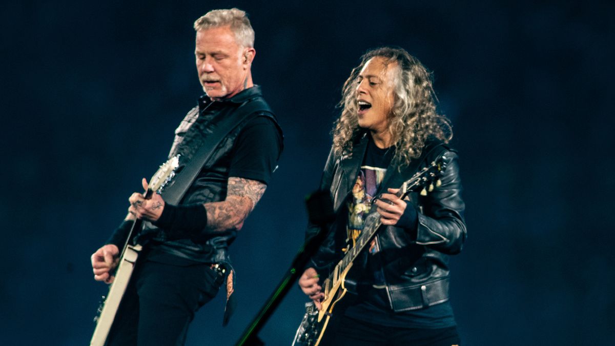 James Hetfield and Kirk Hammett of Metallica performing live in 2023