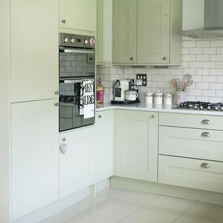white kitchen with white floor and drawer