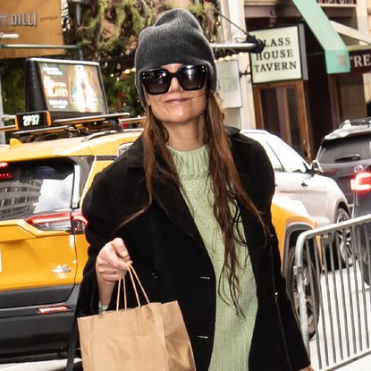 Katie Holmes is seen arriving for matinee performance of 'Our Town' on January 11, 2025 in New York, New York.