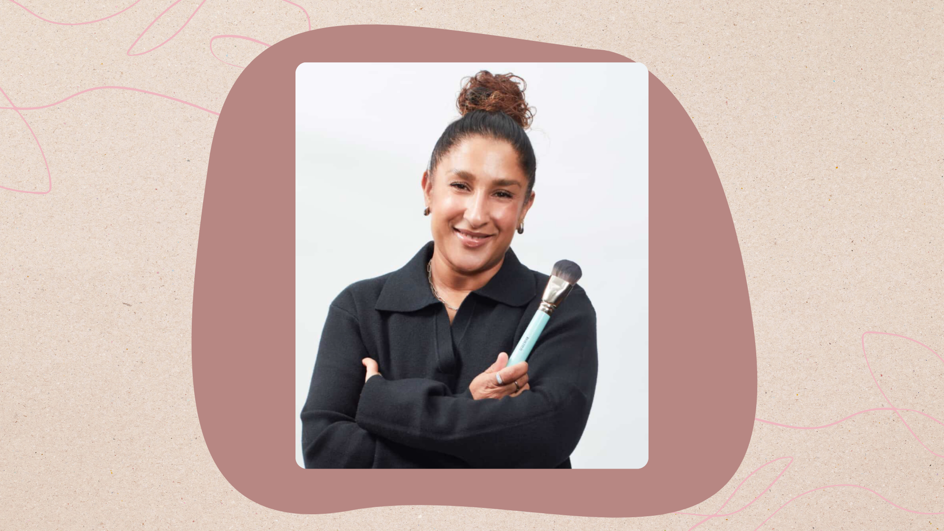 Image of makeup artist Mira against a dark pink abstract shape on a beige background with two pink single line illustrations