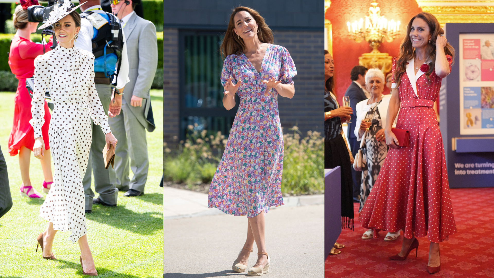 A 3-way split image of Princess Kate in a white dotted dress, in a purple floral dress and a red dress
