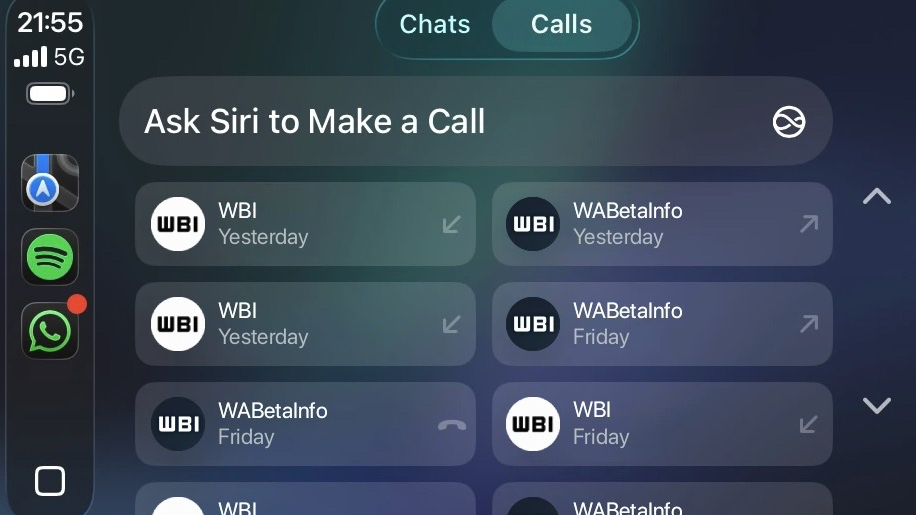 A screenshot of the WhatsApp CarPlay beta