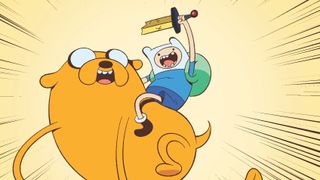 Finn riding Jake with a broken sword in the air.