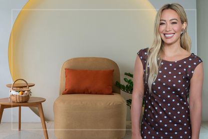A comp image of a rounded, low chair in a living room with an insert of Hilary Duff (R)