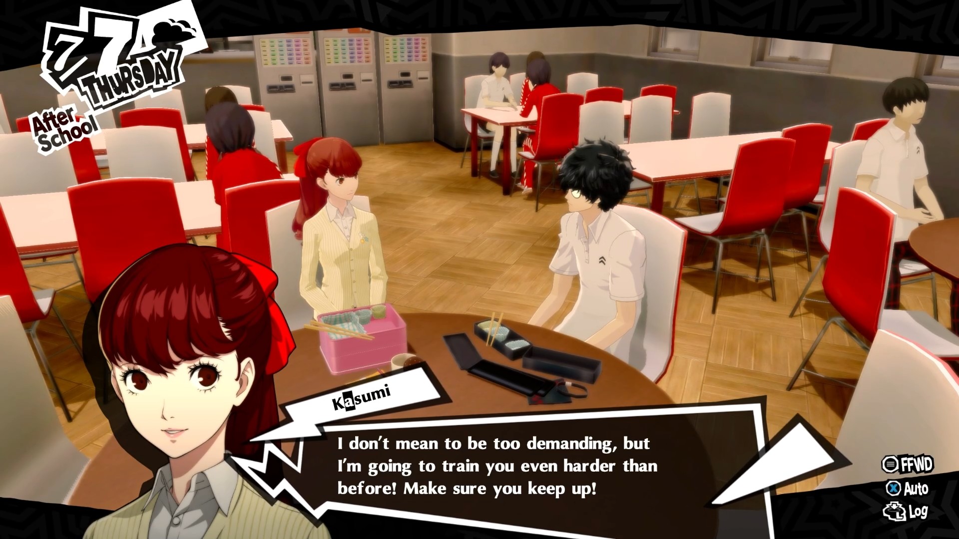 In Persona 5 Royal, Kasumi sits with protagonist Ren after school