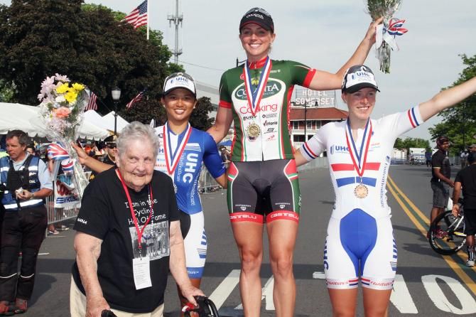 Today's podium: Second place-Coryn Rivera (United Healthcare Pro Cycling) First- Erica Allar (Colavita-Fine Cooking) Third- Hannah Barnes (UnitedHealthcare Pro Cycling) are congratulated by a proud Hall of Famer this Memorial Day.