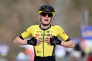 VALLE CASTELLANA ITALY MARCH 08 Jonas Vingegaard Hansen of Denmark and Team VismaLease A Bike celebrates at finish line as stage winner during the 59th TirrenoAdriatico 2024 Stage 5 a 144km stage from Torricella Sicura to Valle Castellana 615m UCIWT on March 08 2024 in Valle Castellana Italy Photo by Tim de WaeleGetty Images