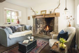 living room in a renovated rustic cottage