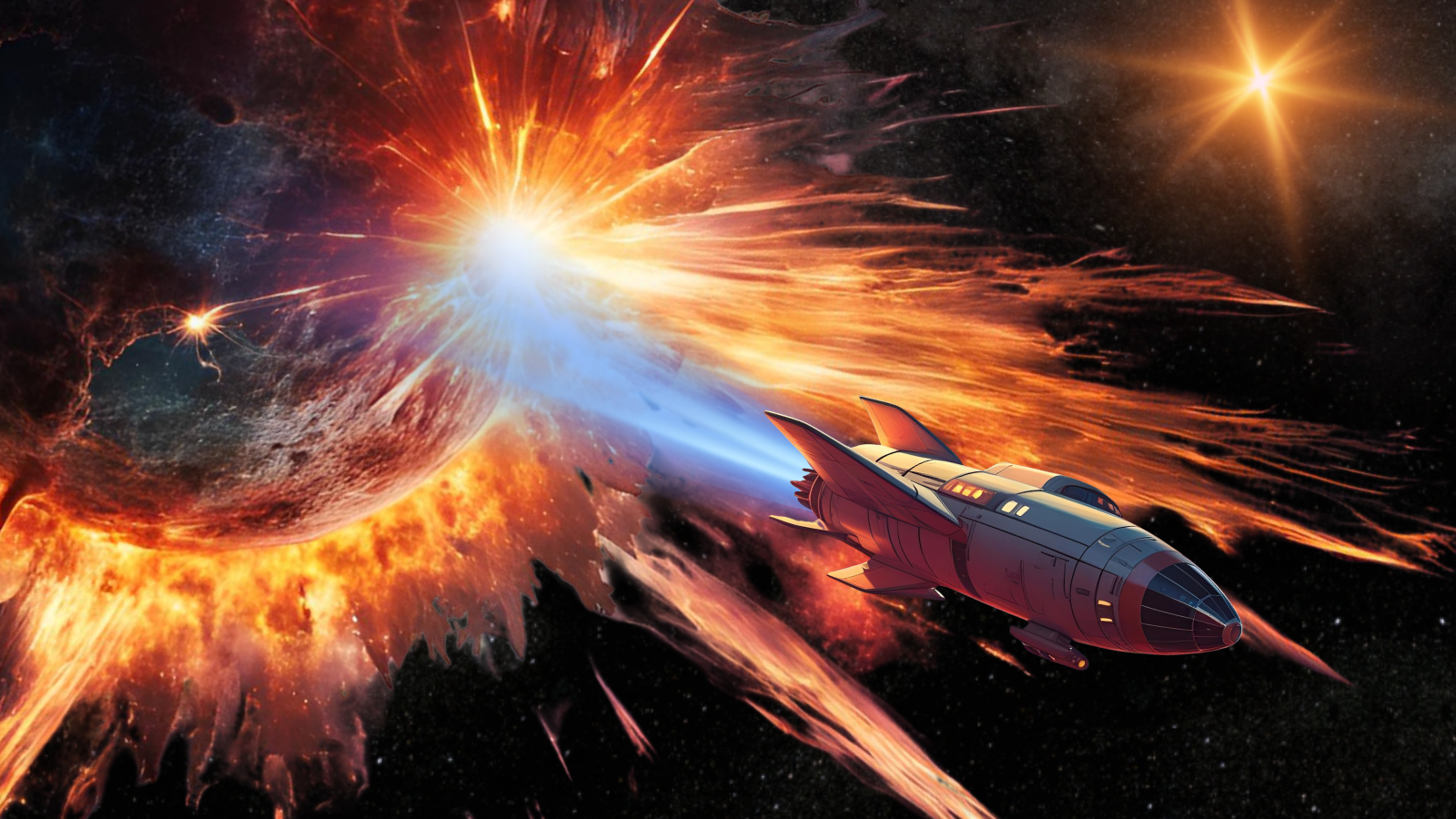 A solitary rocket ship escapes a dying planet under the gaze of a red dwarf star