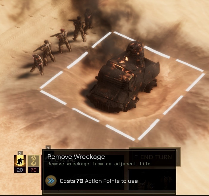 A squad of soldiers prepares to clear the smouldering wreckage of a vehicle in Menace.