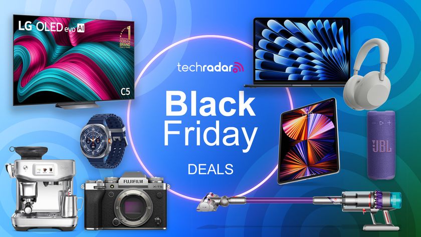Assortment of tech and appliances on a coloured background with &quot;Black Friday&quot; text.