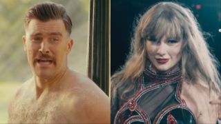 Travis Kelce looking scared in Happy Gilmore 2 and Taylor Swift in Reputation era in Eras Tour movie side by side