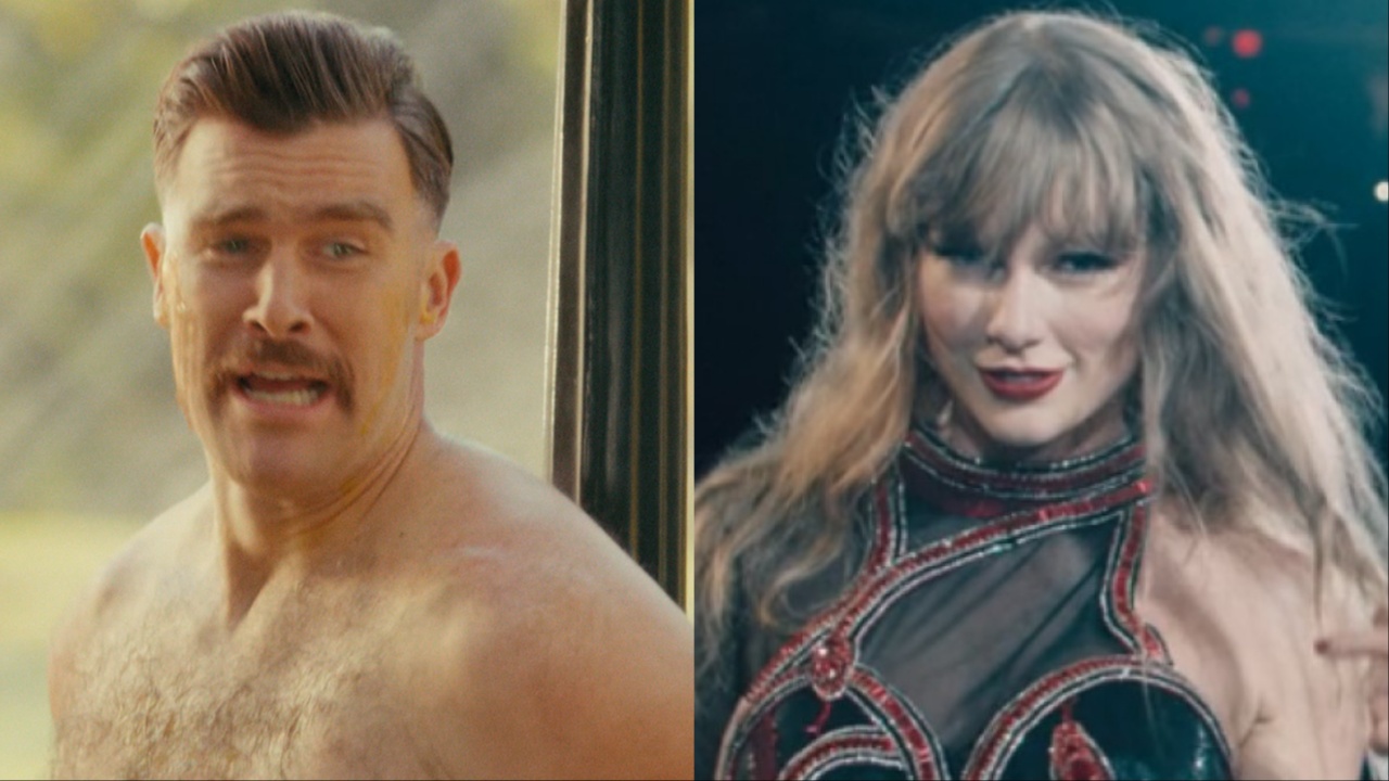 Travis Kelce looking scared in Happy Gilmore 2 and Taylor Swift in Reputation era in Eras Tour movie side by side 