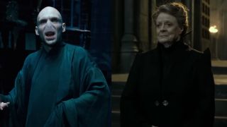 Voldemort during his battle with Dumbledore at the Ministry of Magic in Order of the Phoenix side-by-side with Professor McGonagall readying troops of armor to defend Hogwarts in Deathly Hallows Part 2.