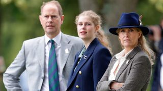 Prince Edward, Earl of Wessex, Lady Louise Windsor and Sophie, Countess of Wessex watch the carriage driving marathon event as they attend day 3 of the Royal Windsor Horse Show in Home Park, Windsor Castle on July 3, 2021 in Windsor, England.