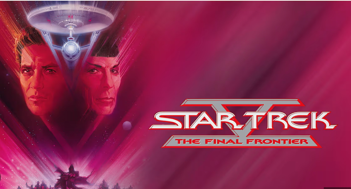 two faces flank a starship on a purple-red background