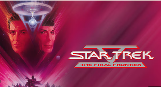 two faces flank a starship on a purple-red background