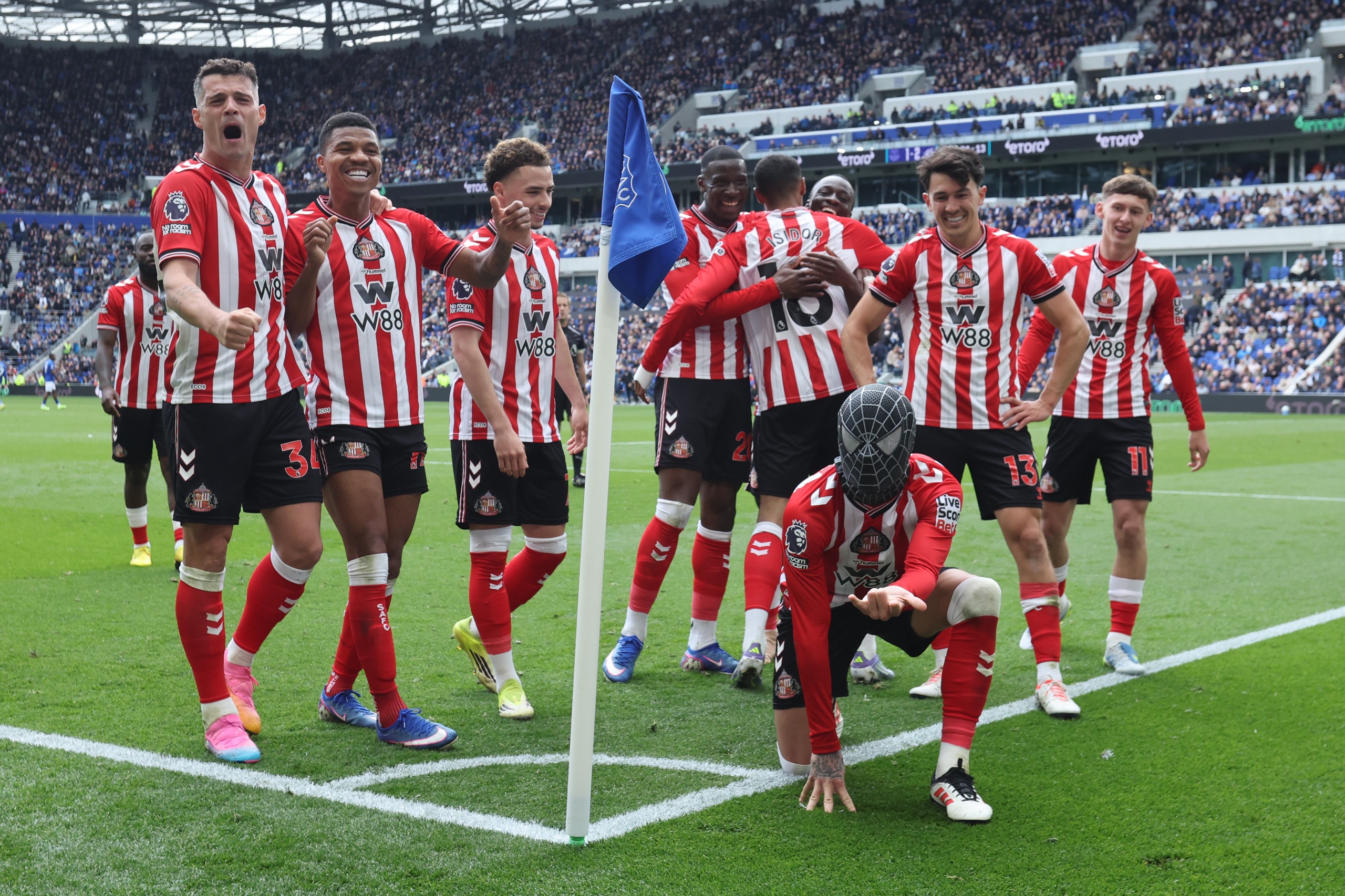Enzo Le Fee of Sunderland scores the second goal for his team and dons a Spiderman mask in celebration during the Premier League match between Everton and Sunderland at Hill Dickinson Stadium on May 17, 2026 in Liverpool, United Kingdom.