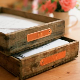 wooden box with paper and blur background
