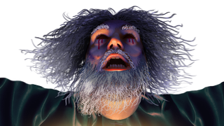 A man with ragged hair and beard faces upward to the sky. His eyes are missing and the sockets are dripping blood.