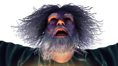 A man with ragged hair and beard faces upward to the sky. His eyes are missing and the sockets are dripping blood.