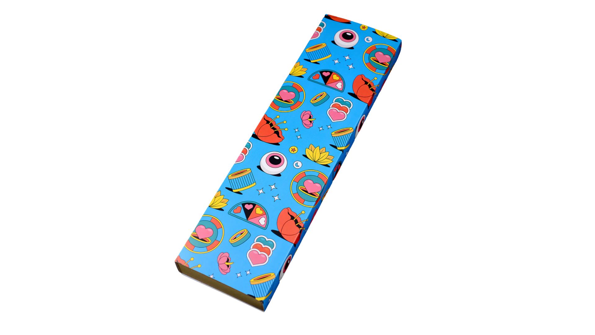 an image of the box for the Eyecon watch. It is light blue, decorated with cartoon eyes, lotus flowers, hearts, and poppies