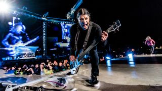 Robert Trujillo of Metallica performs on stage at Ippodromo San Siro on May 8, 2019 in Milan, Italy.