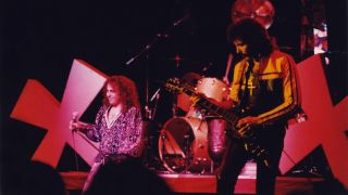 Ronnie James Dio and Tony Iommi of Black Sabbath perform on stage on the 'Heaven and Hell' tour, at Hammersmith Odeon on January 18th, 1981 in London, England