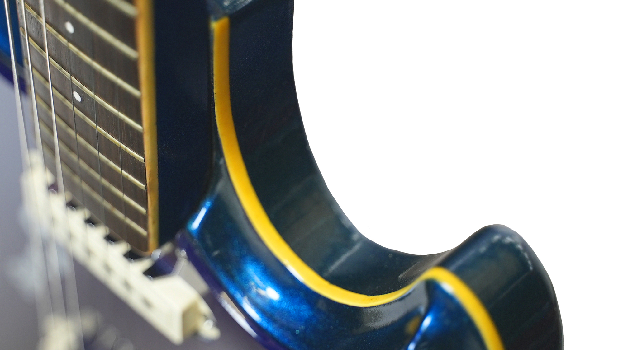 A photo showing a detail of a 1968 Guyatone LG 350-T Sharp 5 electric guitar