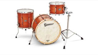 The Bebop 20 gets a mahogany finish, with contrasting birdseye maple hoops on the bass drum