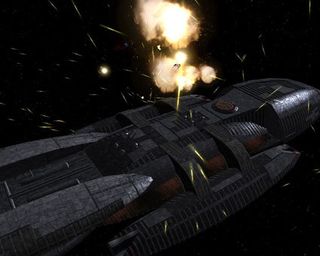 External shot of a Battlestar in combat from Beyond the Red Line.